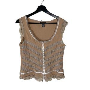 Dolce Cabo Sandy Brown Lace Detail Corset Style Sleeveless Button Up Top Large